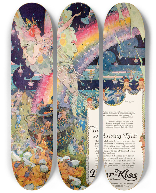 Triptych art skateboard deck of Frederick Richardson Djerkiss This So Parisian Talc by Frederick Richardson (1862-1937)