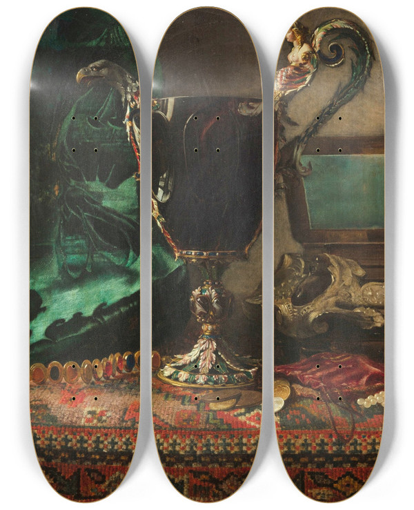Triptych art skateboard deck of Blaisealexandre Desgoffe Still Life With The Hard Stoneewer by Blaise-Alexandre Desgoffe (1830-1901)