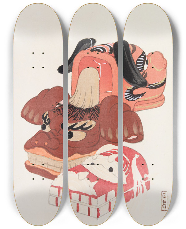 Triptych art skateboard deck of Kawasaki Kyosen Kyosens Collected Illustrations Of Japanese Toys Pl018 by Kawasaki Kyosen (1877-1942)