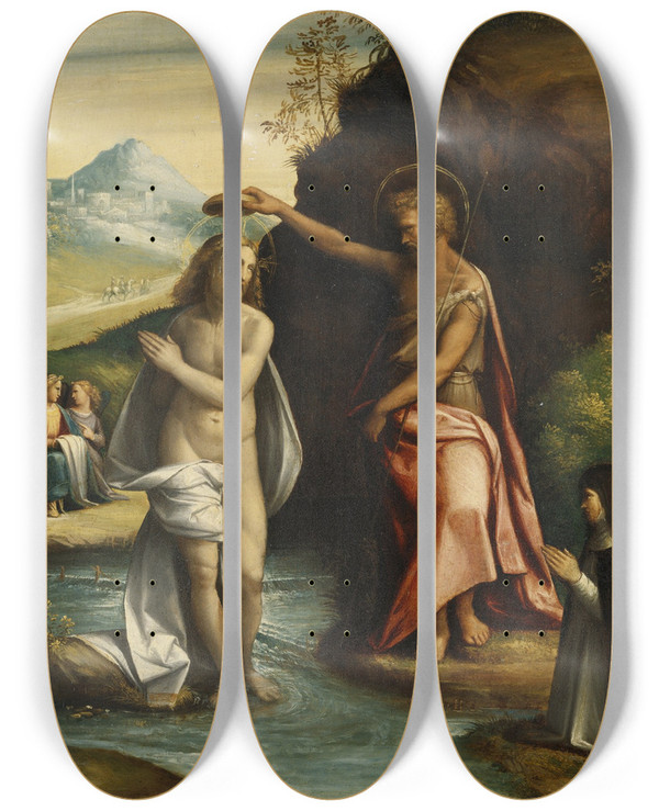 Triptych art skateboard deck of Benvenuto Tisi The Baptism Of Christ by Benvenuto Tisi (1481-1559)