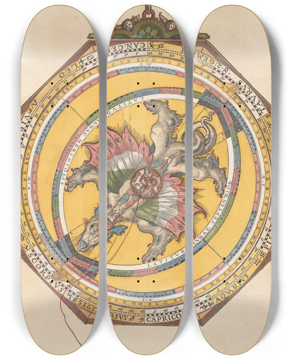 Triptych art skateboard deck of Petrus Apianus Astronomicum Csareum Pl 016 by Petrus Apianus (1495-1552)