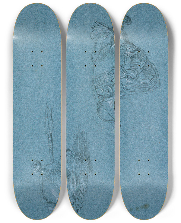 Triptych art skateboard deck of Johann Peter Krafft Helmstudien by Johann Peter Krafft (1780-1856)