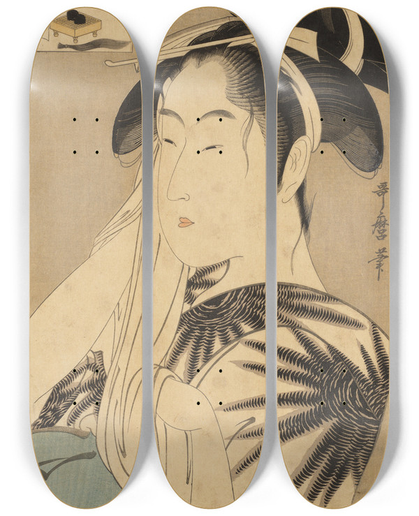 Triptych art skateboard deck of Kitagawa Utamaro The Widow Of Asahiya by Kitagawa Utamaro (1753-1806)