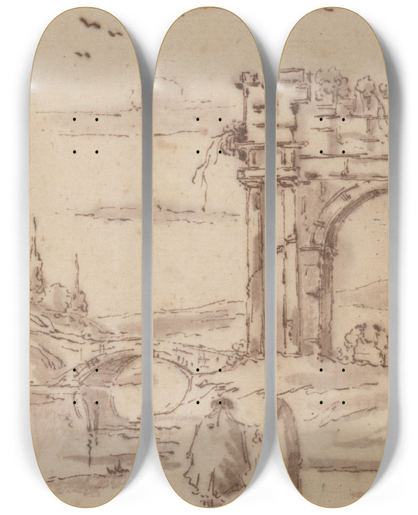 Triptych art skateboard deck of Francesco Guardi Two Figures In A Landscape Withruins by Francesco Guardi (1712-1793)