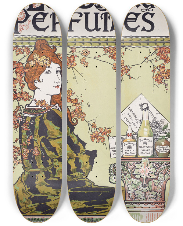 Triptych art skateboard deck of Louis Rhead Lundborgs Perfumes by Louis Rhead (1857-1926)