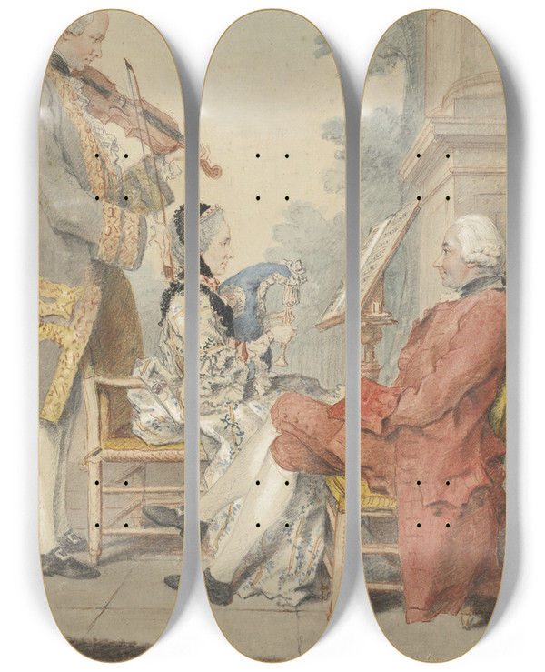 Triptych art skateboard deck of Louis Carrogis Carmontelle Monsieur And Madame Blizet With Monsieur Le Roy The Actor by Louis Carrogis Carmontelle (1717-1806)