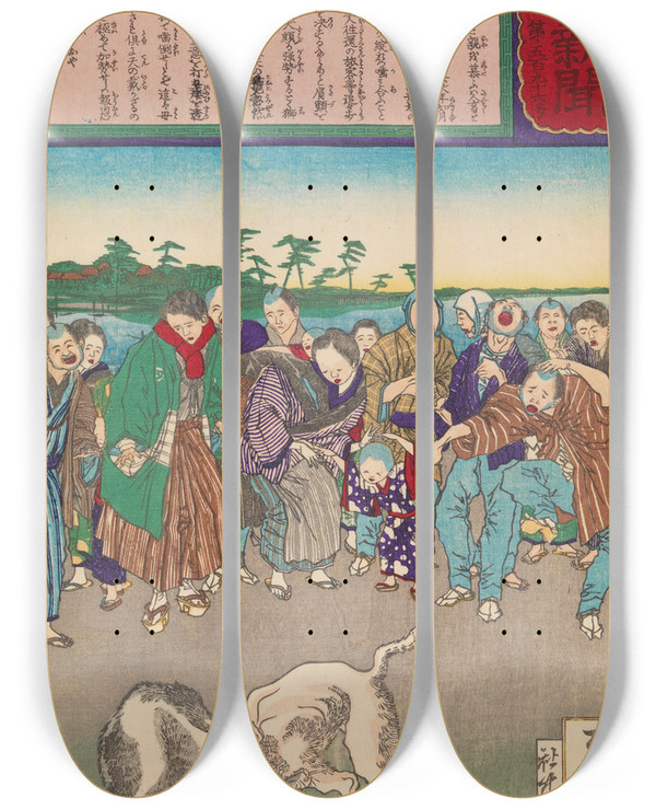 Triptych art skateboard deck of Tsukioka Yoshitoshi A Cat Interrupts A Dogfight To Avenge The Death Of Her Mother by Tsukioka Yoshitoshi (1839-1892)