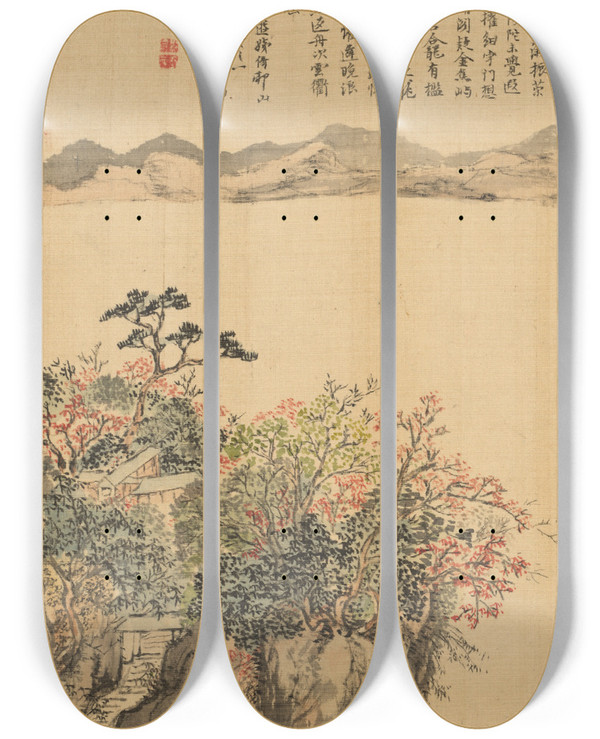 Triptych art skateboard deck of Nukina Kaioku Landscape by Nukina Kaioku (1778-1863)