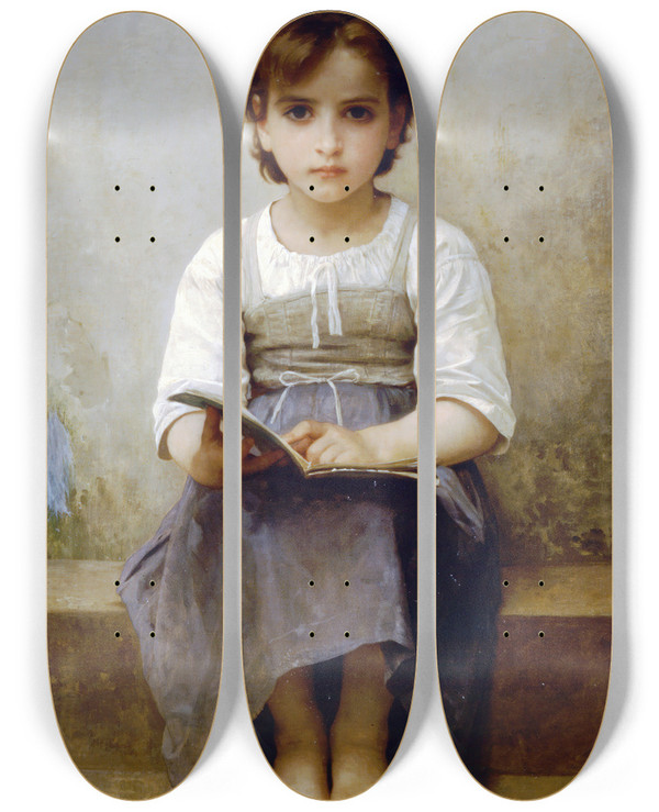 Triptych art skateboard deck of William Bouguereau The Hard Lesson by William Bouguereau (1825-1905)