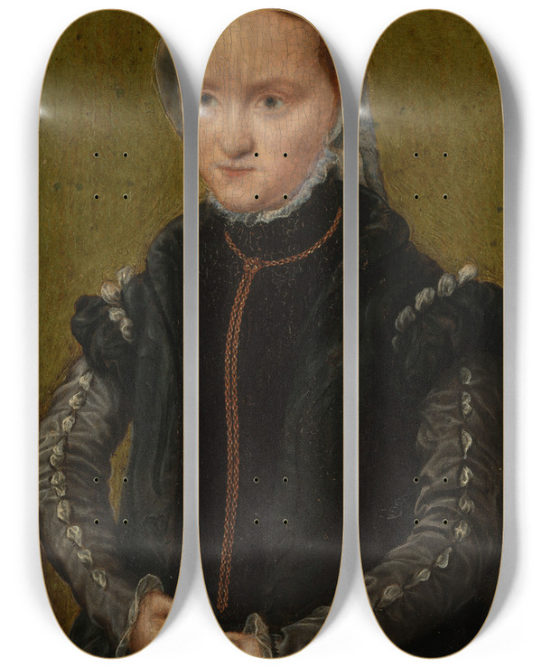 Triptych art skateboard deck of Catharina Van Hemessen Portrait Of A Woman_1 by Catharina Van Hemessen (1528-1565)