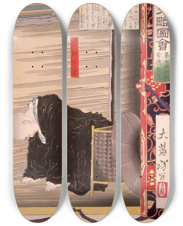 Triptych art skateboard deck of Tsukioka Yoshitoshi Seventysixth Generation Emperor Sutoku by Tsukioka Yoshitoshi (1839-1892)