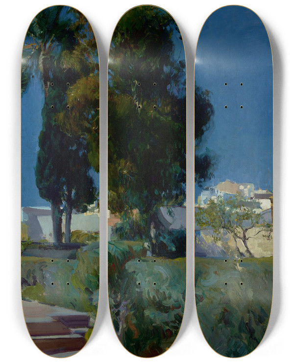 Triptych art skateboard deck of Joaqun Sorolla Corner Of The Garden Alcazar Sevilla by Joaquin Sorolla (1863-1923)