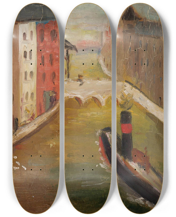 Triptych art skateboard deck of Tadeusz Makowski Ship In A City by Tadeusz Makowski (1882-1932)