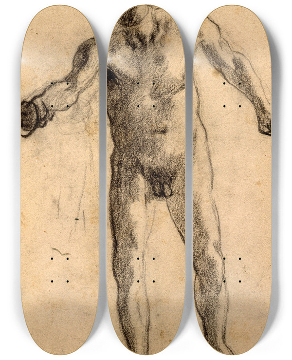 Triptych art skateboard deck of Pierre Puvis De Chavannes Homme Nu Debout Tenant Un Sabre Dans La Main Droite by Pierre Puvis De Chavannes (1824-1898)