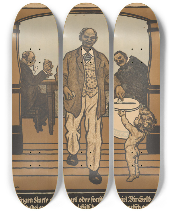 Triptych art skateboard deck of Willibald Krain Bringen Karte Oder Kegel Oder Sonst Ein Spiel Dir Geld Denk Dabei An Oberschlesien Hilf Da Man Es Deutsch Erhlt Darum Gib Zur Grenzspende by Willibald Krain (1886-1945)