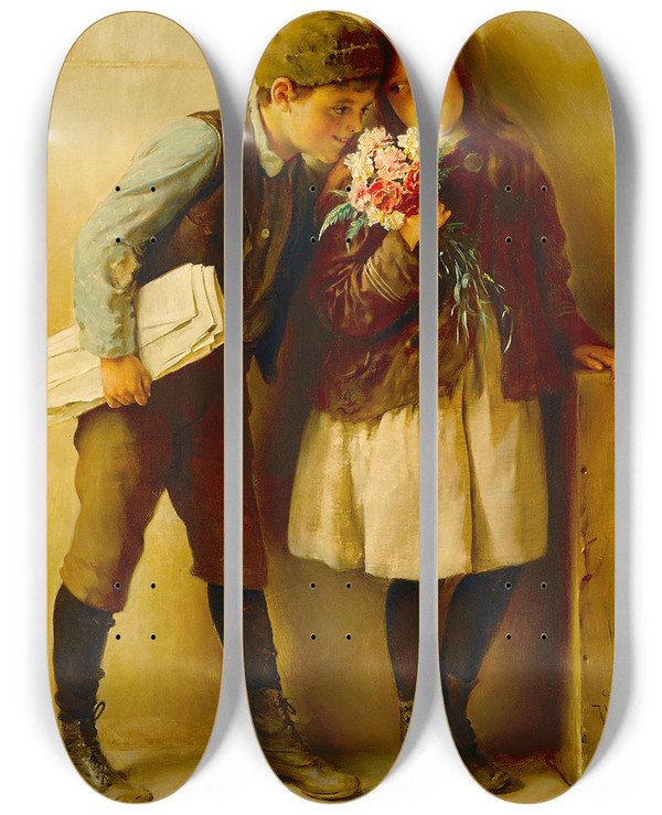 Triptych art skateboard deck of Karl Witkowski The Carnations by Karl Witkowski (1860-1910)
