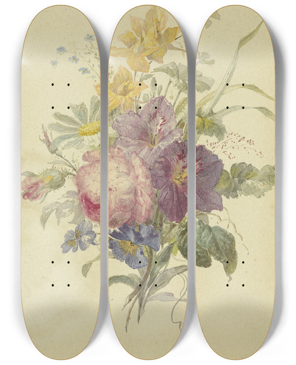 Triptych art skateboard deck of Anton Umpfenbach Bouquet by Anton Umpfenbach (1821-1892)