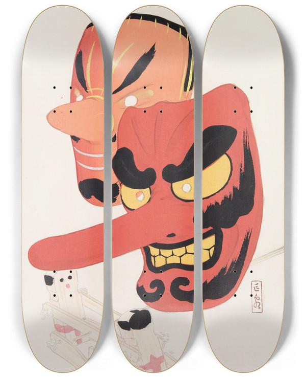 Triptych art skateboard deck of Kawasaki Kyosen Kyosens Collected Illustrations Of Japanese Toys Pl027 by Kawasaki Kyosen (1877-1942)