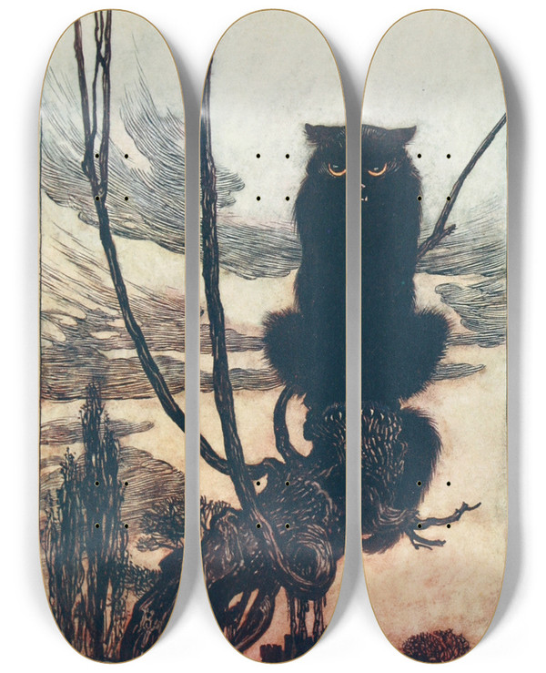 Triptych art skateboard deck of Arthur Rackham By Day She Made Herself Into A Cat by Arthur Rackham (1867-1939)