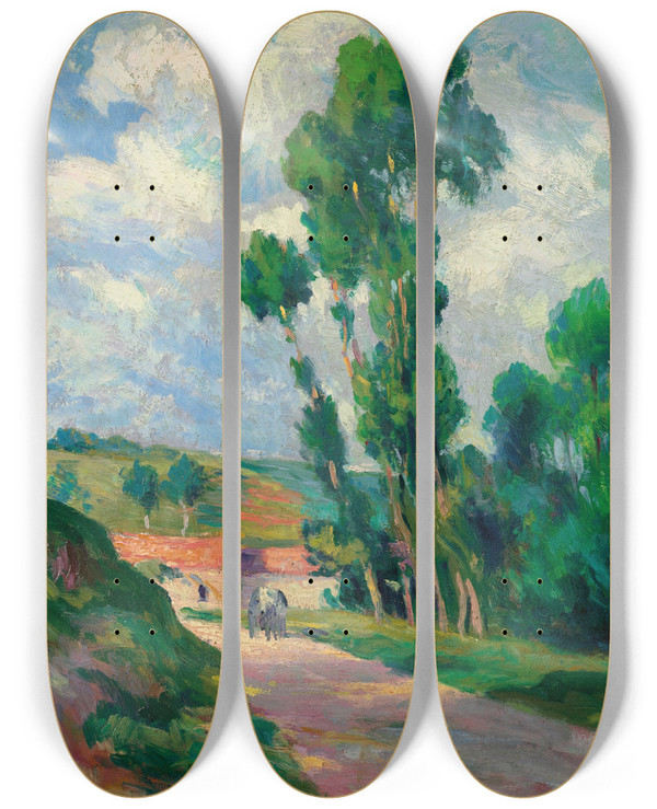 Triptych art skateboard deck of Maximilien Luce Paysage Moulineux by Maximilien Luce (1858-1941)