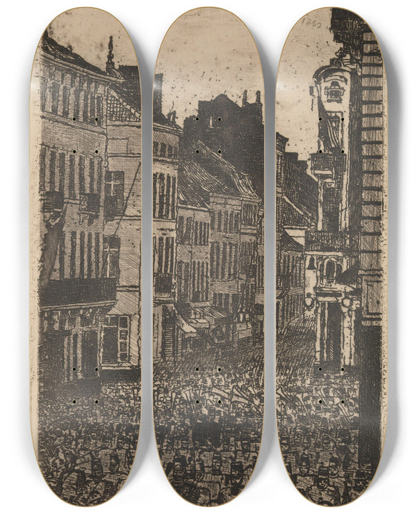 Triptych art skateboard deck of James Ensor The Music In The Rue De Flandre Ostend_2 by James Ensor (1860-1949)