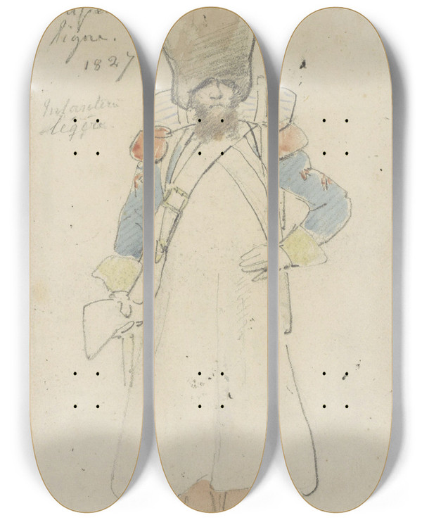 Triptych art skateboard deck of Denis Auguste Marie Raffet Uniformstudie_2 by Denis Auguste Marie Raffet (1804-1860)