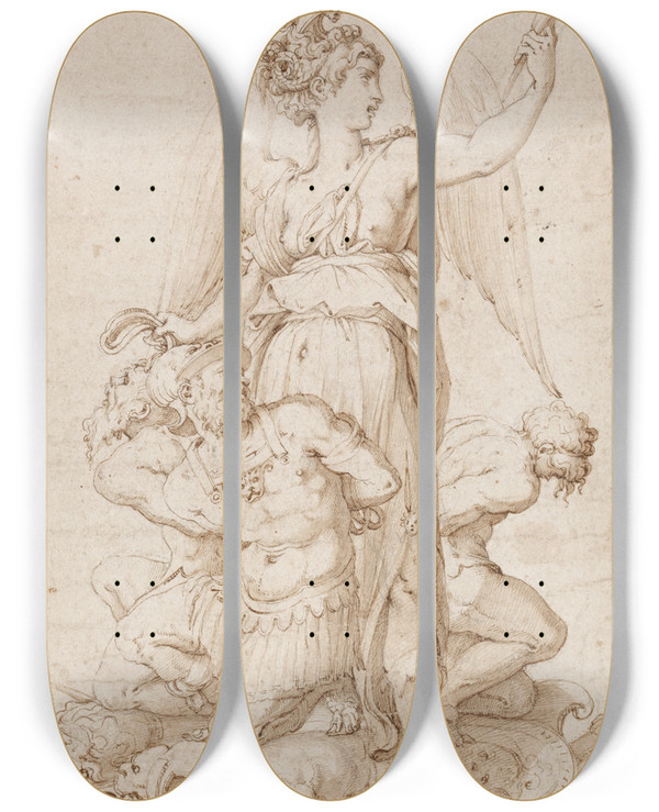 Triptych art skateboard deck of Giorgio Vasari Victory With Three Prisoners Kneeling On Trophies by Giorgio Vasari (1511-1574)