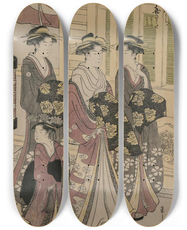 Triptych art skateboard deck of Chbunsai Eishi The Courtesan Kisagata Of Ohishiya Strolling At Night With Two Shinzo And A Kamuro by Chobunsai Eishi (1756-1829)