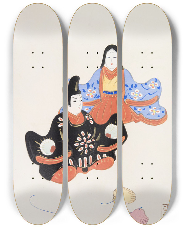 Triptych art skateboard deck of Kawasaki Kyosen Kyosens Collected Illustrations Of Japanese Toys Pl005 by Kawasaki Kyosen (1877-1942)