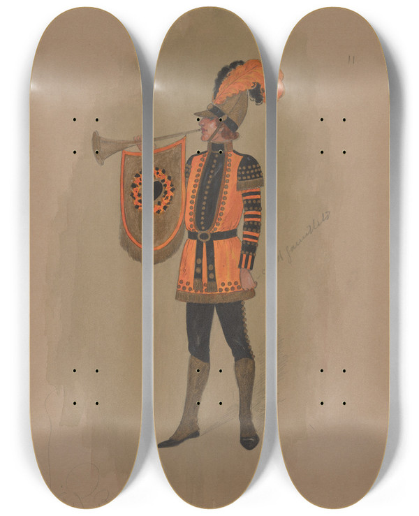 Triptych art skateboard deck of Will R Barnes 2 Trumpeters Burning Mountain by Will R Barnes (1939)