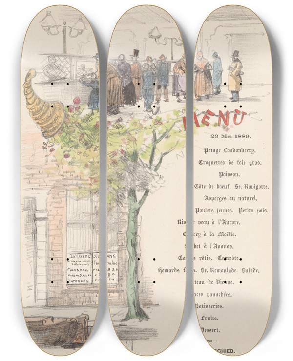 Triptych art skateboard deck of Theo Van Hoytema Menukaart Voor De Leidsche Spaarbank_1 by Theo Van Hoytema (1863-1917)