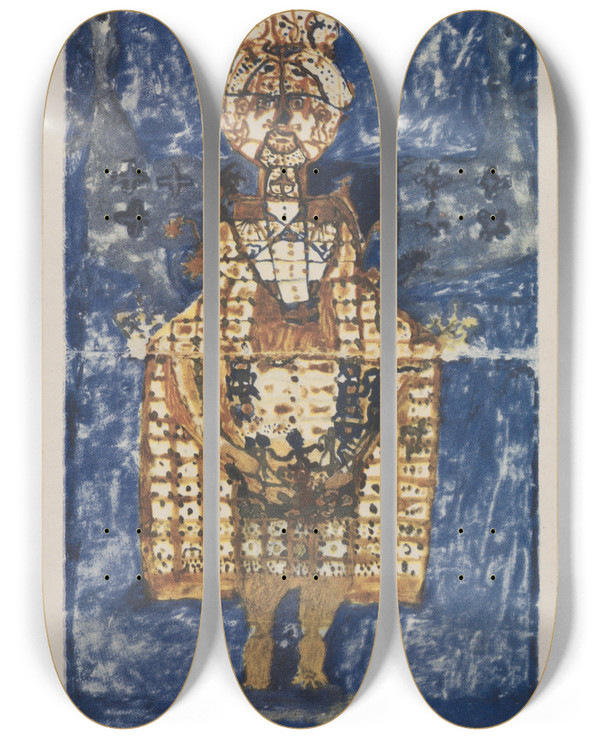 Triptych art skateboard deck of Hans Prinzhorn Sakrale Goetzen Figur by Hans Prinzhorn (1886-1933)