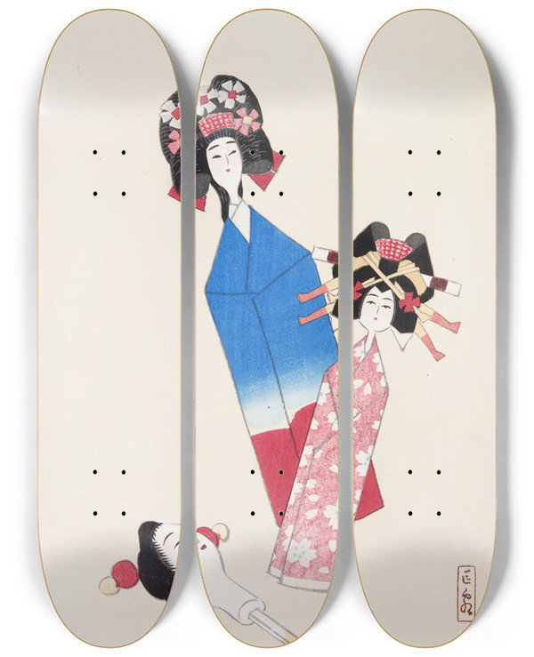 Triptych art skateboard deck of Kawasaki Kyosen Kyosens Collected Illustrations Of Japanese Toys Pl001 by Kawasaki Kyosen (1877-1942)