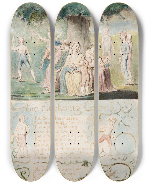 Triptych art skateboard deck of William Blake Pl 5 Ecchoing Green by William Blake (1757-1827)