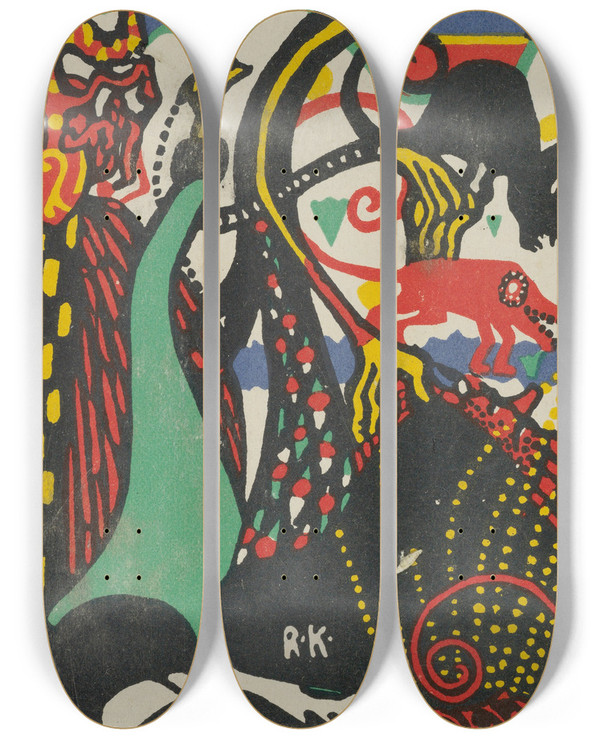 Triptych art skateboard deck of Rudolf Kalvach Humorous Subject 2 by Rudolf Kalvach (1883-1932)