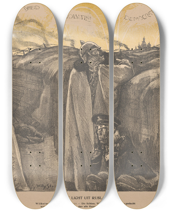 Triptych art skateboard deck of Willy Sluiter Het Licht Uit Rusland by Willy Sluiter