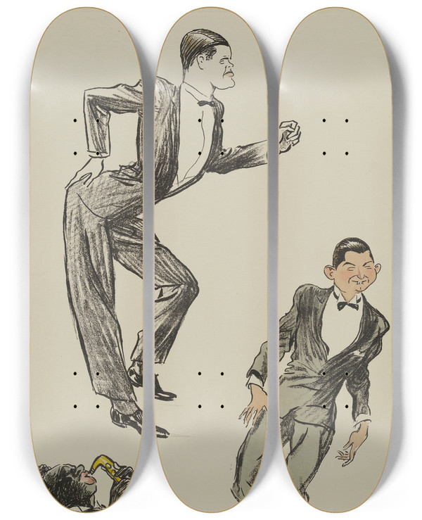Triptych art skateboard deck of Georges Goursat Sem Deux Personnages Masculins Dansant Le Charleston by Georges Goursat (Sem) (1863-1934)