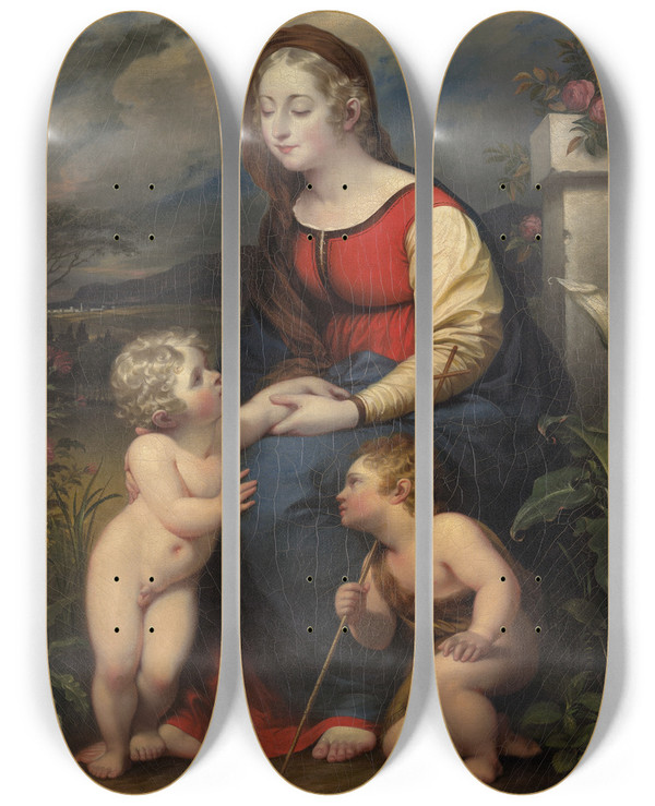 Triptych art skateboard deck of John Trumbull Madonna And Child With St John Thebaptist by John Trumbull (1756-1843)