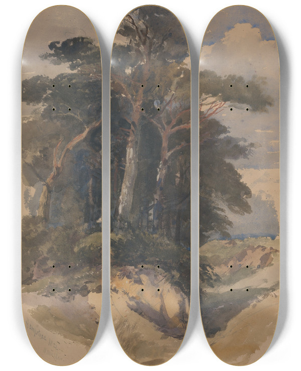 Triptych art skateboard deck of William James Mller Pines On Hampstead Heath_1 by William James Muller (1812-1845)