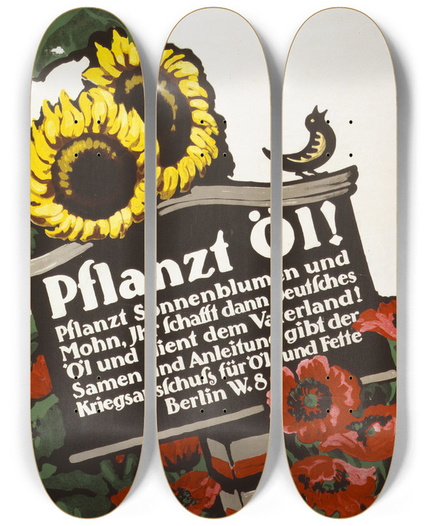 Triptych art skateboard deck of Julius Gipkens Pflanzt L by Julius Gipkens (1883-1968)