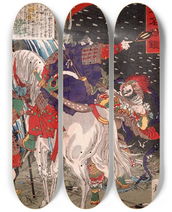 Triptych art skateboard deck of Tsukioka Yoshitoshi Sakanoue Tamuramaro In Rain Of Arrows by Tsukioka Yoshitoshi (1839-1892)