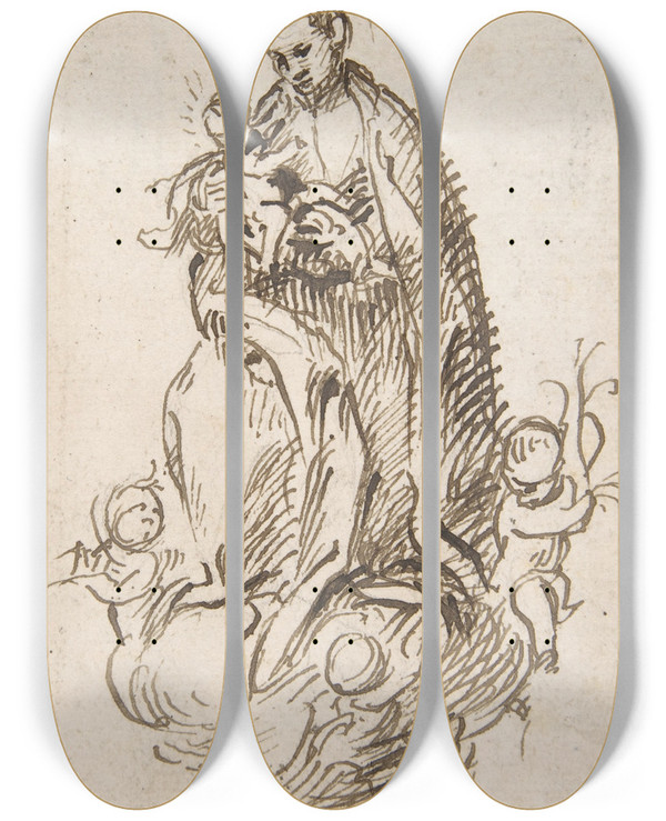 Triptych art skateboard deck of Pedro Duque Y Cornejo Male Saint Standing On Clouds Supported By Putti Holding Infant Christ_1 by Pedro Duque Y Cornejo (1677-1757)