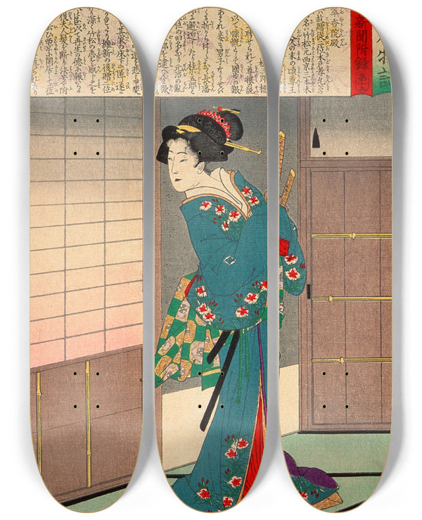 Triptych art skateboard deck of Tsukioka Yoshitoshi Lady Kido Suikin by Tsukioka Yoshitoshi (1839-1892)