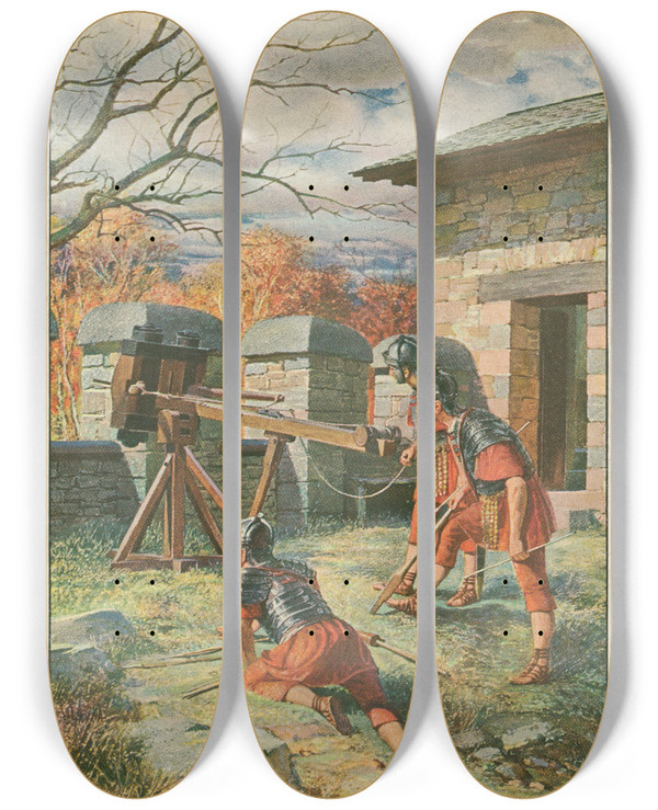 Triptych art skateboard deck of Carl Nebel Saalburg Am Defensiv by Carl Nebel (1805-1855)