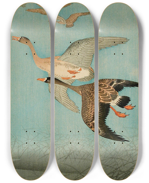 Triptych art skateboard deck of Ohara Koson Flying Geese by Ohara Koson (1877-1945)