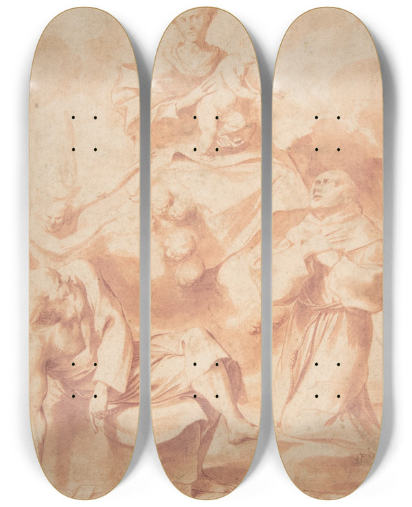 Triptych art skateboard deck of Giovanni Angelo Canini The Virgin And Child Appearing To Saint Anthony Of Padua And A Hermit by Giovanni Angelo Canini (1609-1666)