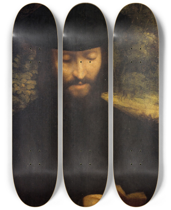 Triptych art skateboard deck of Correggio Portrait Of A Man With A Book by Correggio (1489-1534)