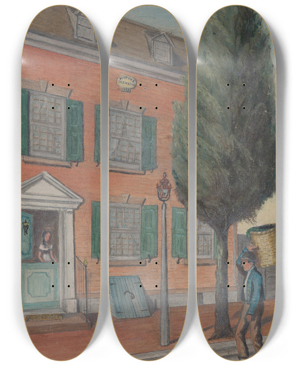 Triptych art skateboard deck of William P Chappel Tea Rusk And Brick House by William P Chappel (1801-1878)