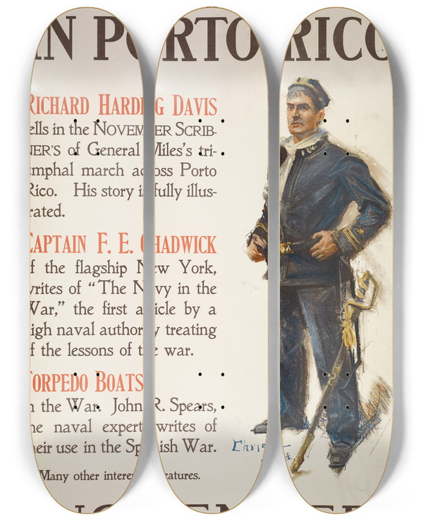 Triptych art skateboard deck of Howard Chandler Christy November Scribners by Howard Chandler Christy (1873-1952)