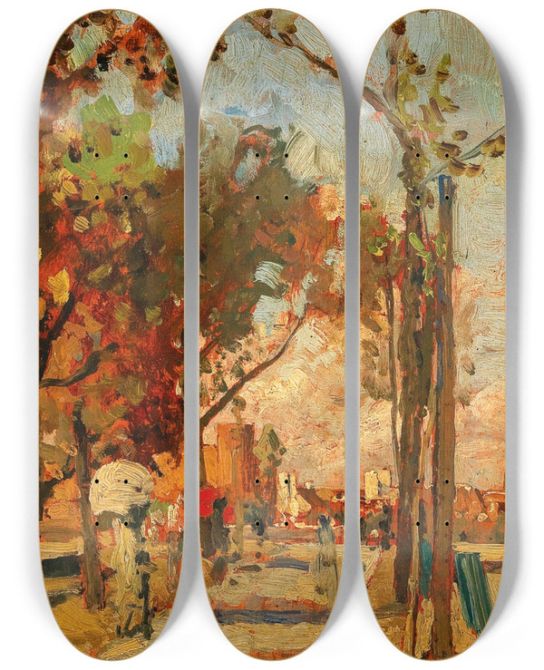 Triptych art skateboard deck of Tina Blau The Main Customs Office With A View Of The Kaiser Franz Josef Barracks_2 by Tina Blau (1845-1916)